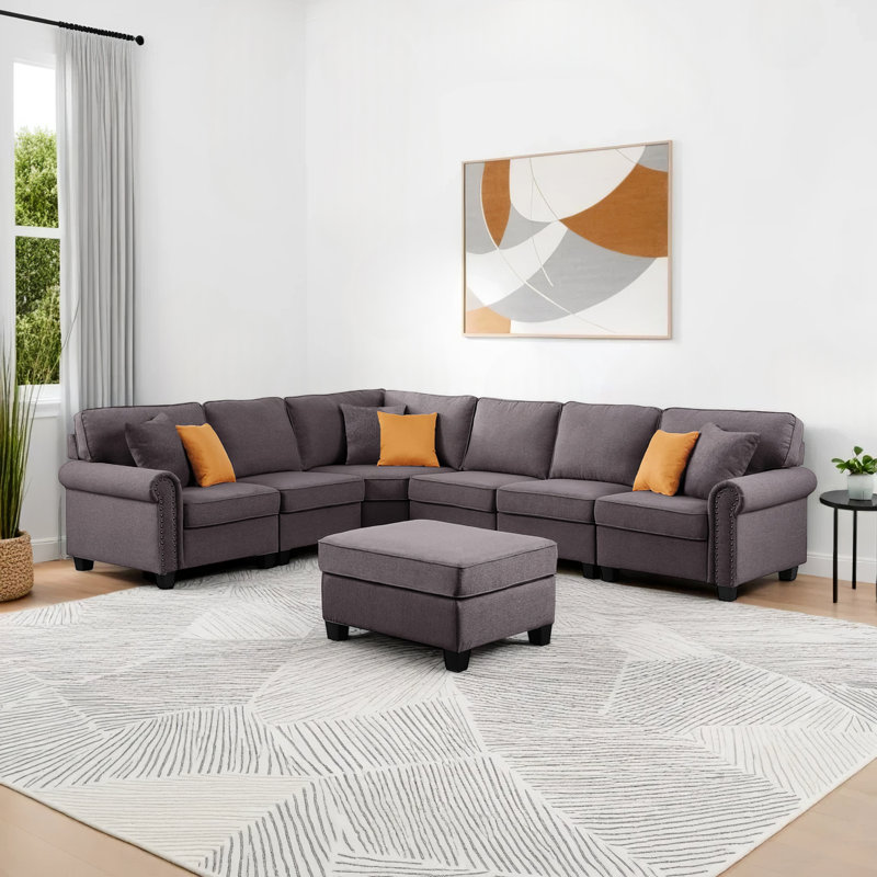 Sherburne Upholstered L-Shaped Sectional Reversible, Dark Gray Polyester Blend