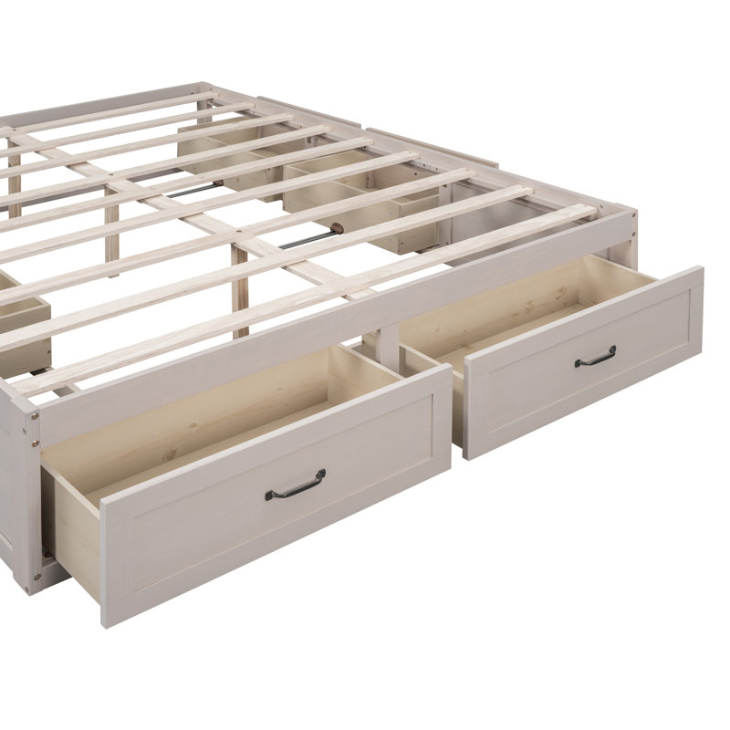 Lit plateforme avec 6 tiroirs de rangement,, Lit double, Blanc antique