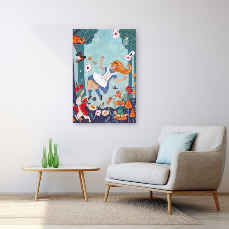 Alice au pays des merveilles - Illustration murale colorée, ludique et fantaisiste représentant un chat, un lapin et la forêt.