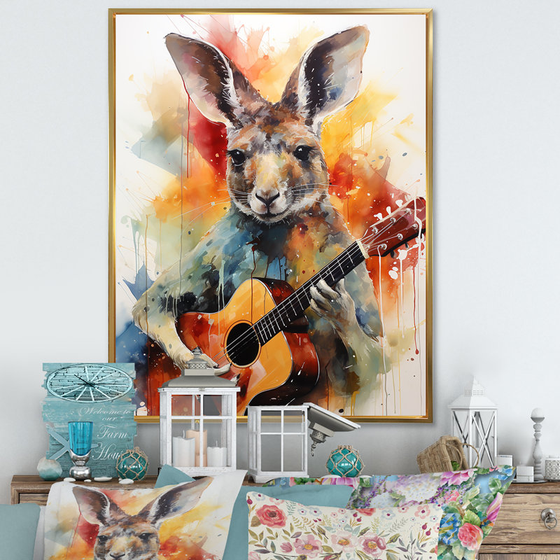 " Colorful Kangaroo Playing Guitar ", Gold Floater Framed, 32" H x 16" W x 1" D