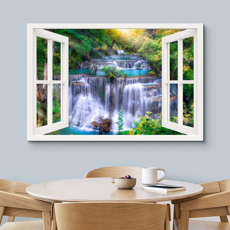 Fenêtre de paysage «Window View Springtime Waterfall Rapid Neon Forest Nature Scenic Landscape» sur toile, H 12 po x l 18 po
