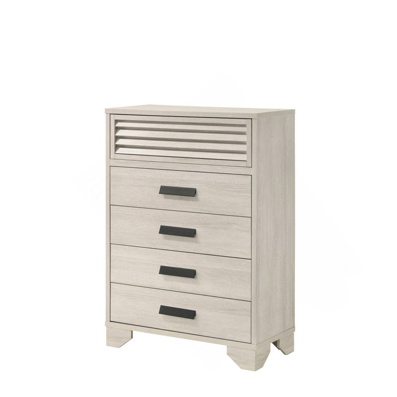 1Pc Contemporary 5-Drawer Louvred Design Chest Finger Pull Hardware Bedroom Wooden Furniture Beige Finish