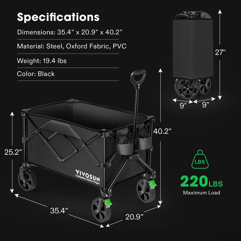 Outdoor Collapsible Folding Wagon, Noir
