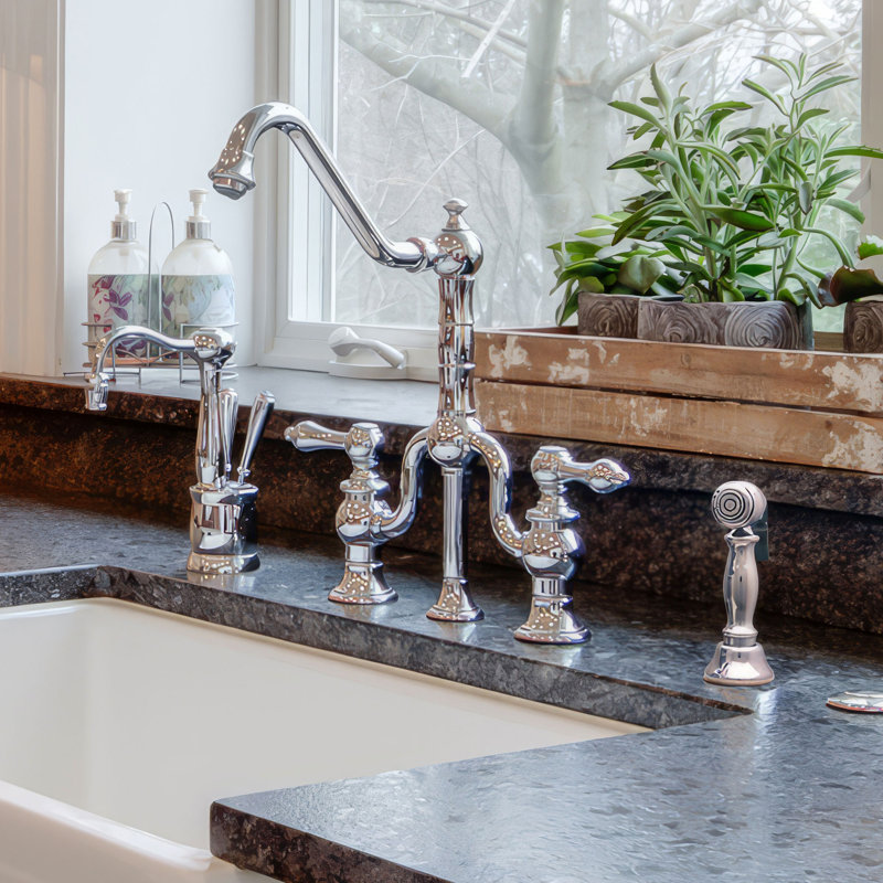 Whitehaus Bridge Faucet with Long Traditional Swivel Spout, Solid Side Spray, Polished Nickel, Cross Handle