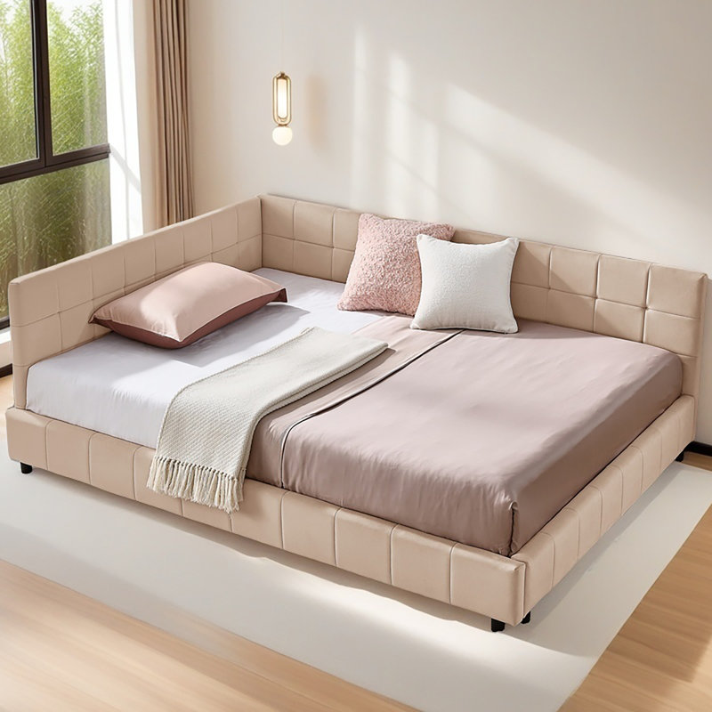 Cadre de lit double capitonné double, cadre de canapé-lit avec dossier et accoudoirs confortables, lit double pour chambre à coucher, salon, velours