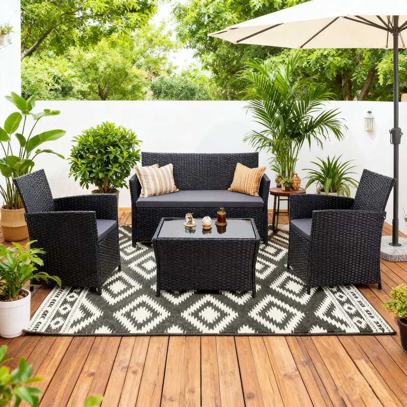 Ensemble de canapé modulaire d'extérieur en osier 4 pièces avec coussins et table basse en verre, Gris