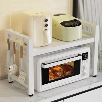 Expandable Microwave Stand with Storage Shelf Heavy Duty with 6 Hooks and Chopsticks Cutting Board Holder, White