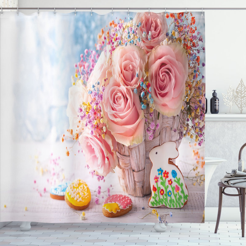 The Holiday Aisle® Easter Bunny Shower Curtain Spring Time Holidays, 70"H x 69"W