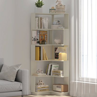 Bibliothèque de coin autoportante en forme de L à 6 niveaux pour salon, chambre à coucher, bibliothèque en bois avec panneau anti-chute et dispositif anti-basculement, étagère de rangement ouverte pour le bureau à domicile blanc
