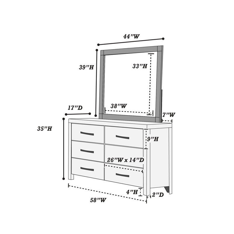 Commode double 6 tiroirs l 58 po avec miroir