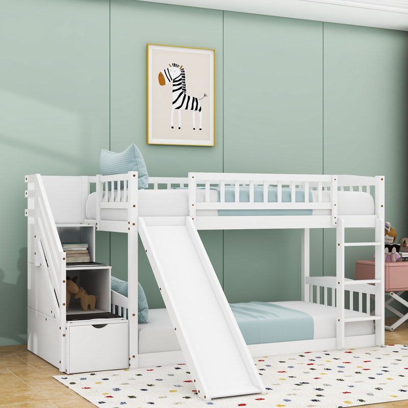 Twin Over Twin Wooden Bunk Bed With Slide And Staircase Storage, White
