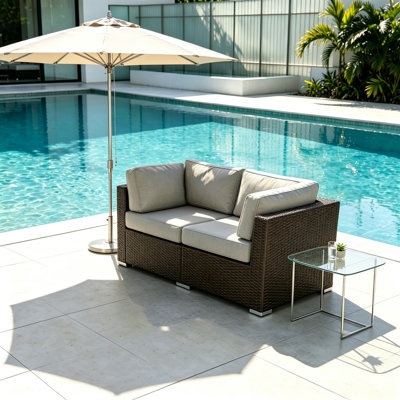 Fully Assembled Brown HDPE Wicker Sectional Corner Chair with Gray Cushions, Weather Resistant Patio Wedge Seat
