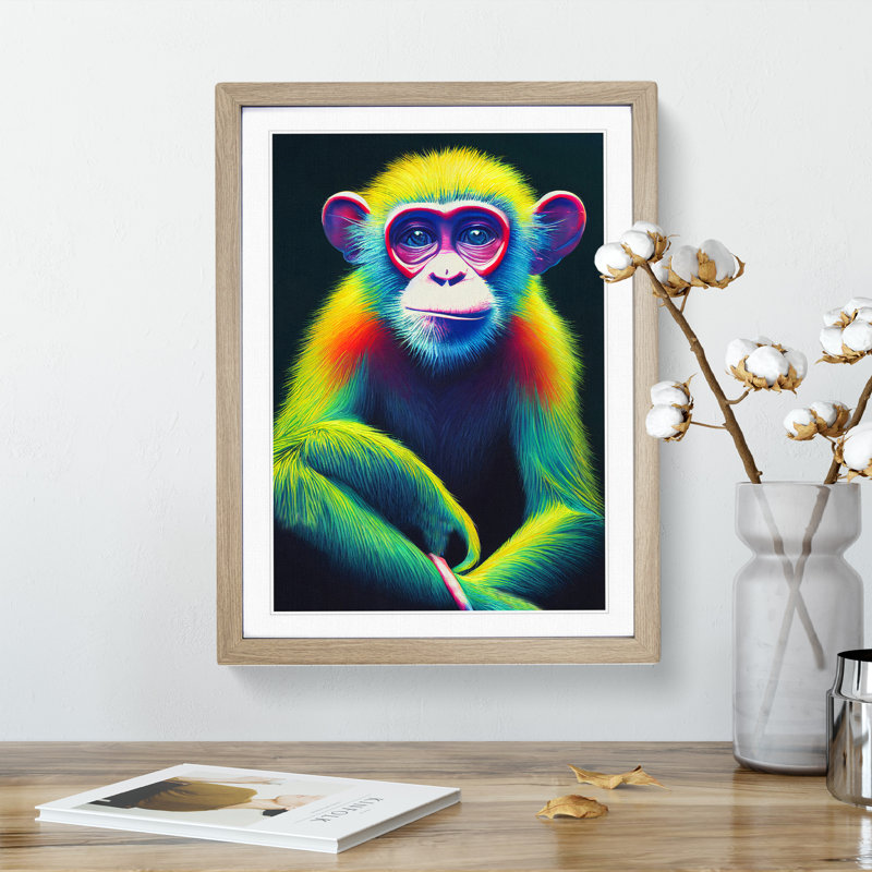Neon Monkey No.3 - Wall Art, 34cm H x 25cm W x 2cm D, Oak Framed