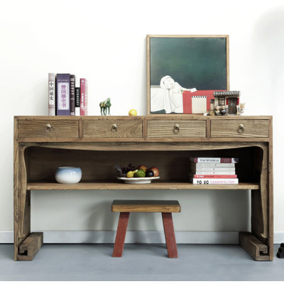 Rustic Reclaimed Wood Console Table with 4 Drawers & Open Shelf