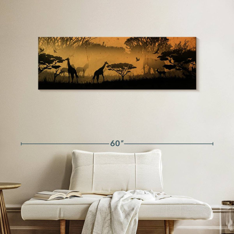 Silhouette d'animaux d'Afrique sur toile, H 16 po x l 48 po x P 1,25 po
