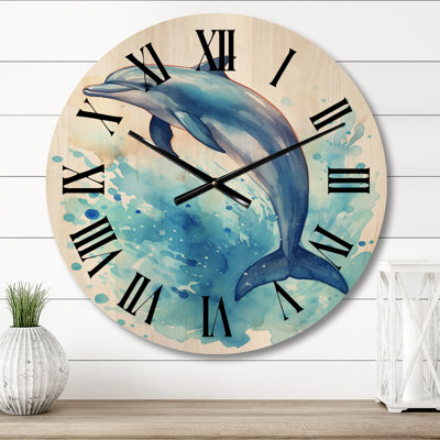 Horloge murale surdimensionnée en bois avec dauphin bleu Planterra