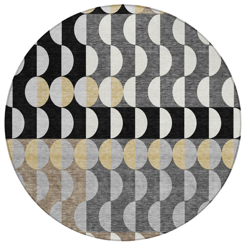Machine Washable Indoor/Outdoor Chantille ACN2816 Geometric Rug, Black, 8' Round