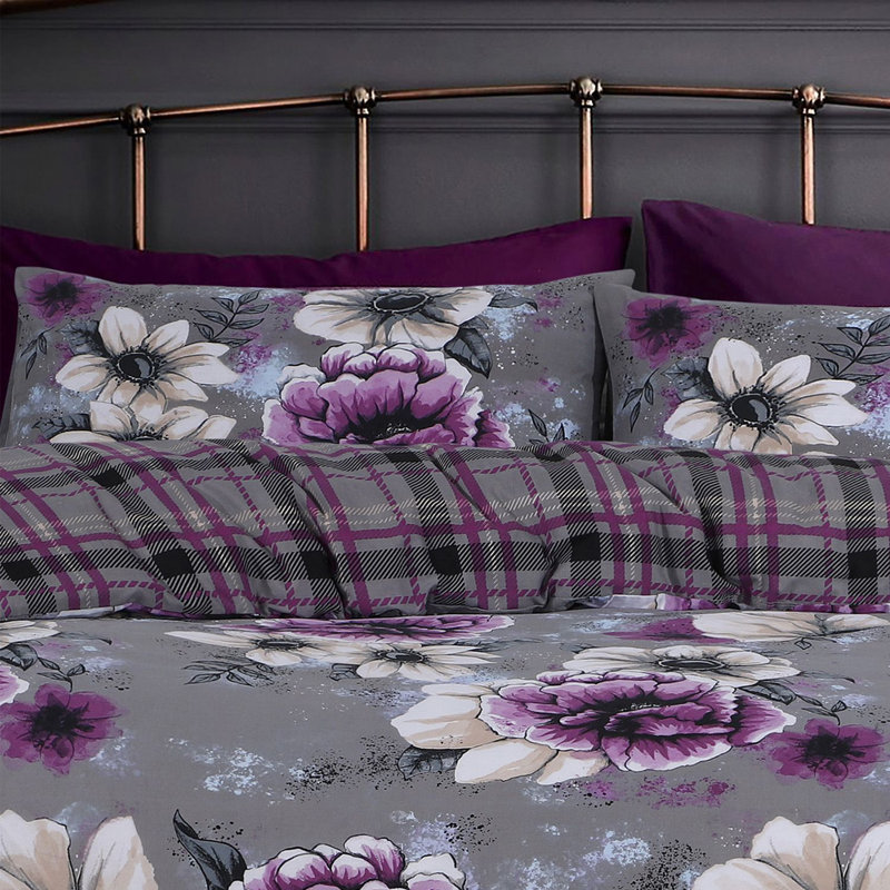 Rasheema Duvet Set, Super King - 2 Standard Pillowcases, Stunning Cassia Floral, Grey/Purple