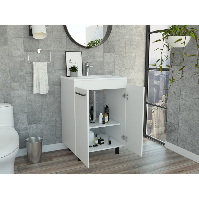 Meuble-lavabo de 24 po Khari, armoire de plancher, porte double, deux tablettes - blanc