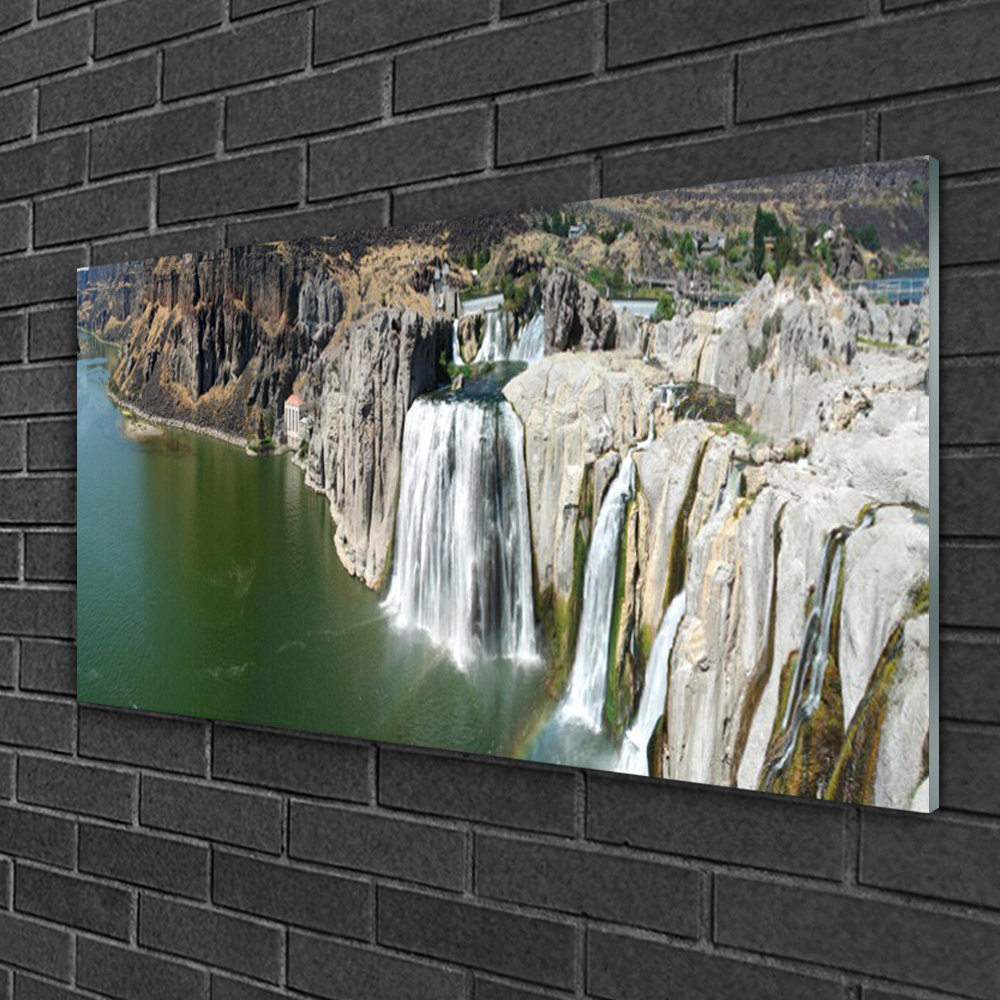 Glasbild Landschaft Berge Wasserfall See