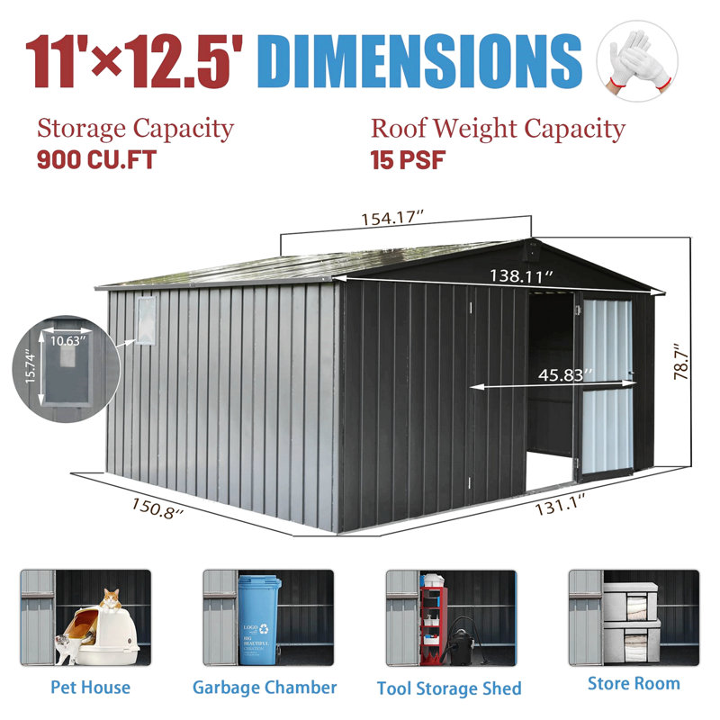 Backyard Storage Shed With Galvanized Steel Frame & Windows, Dark Gray, 78.7" H x 109.88" W x 138.11" D