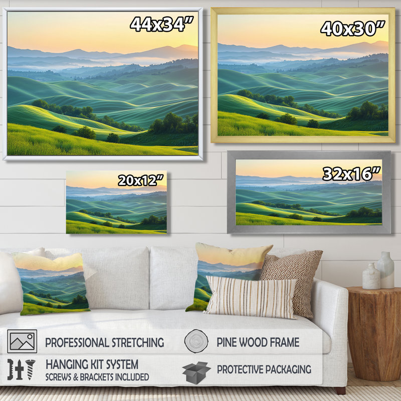 Impression sur toile encadrée Counrtive Rolling Hills At Dawn III - campagne, H 12 po x l 20 po, Cadre flottant