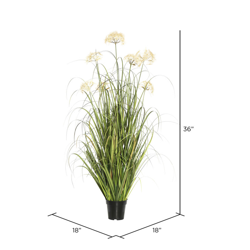 36" Tall Artificial Green Grass with Cream Dandelions in Black Pot