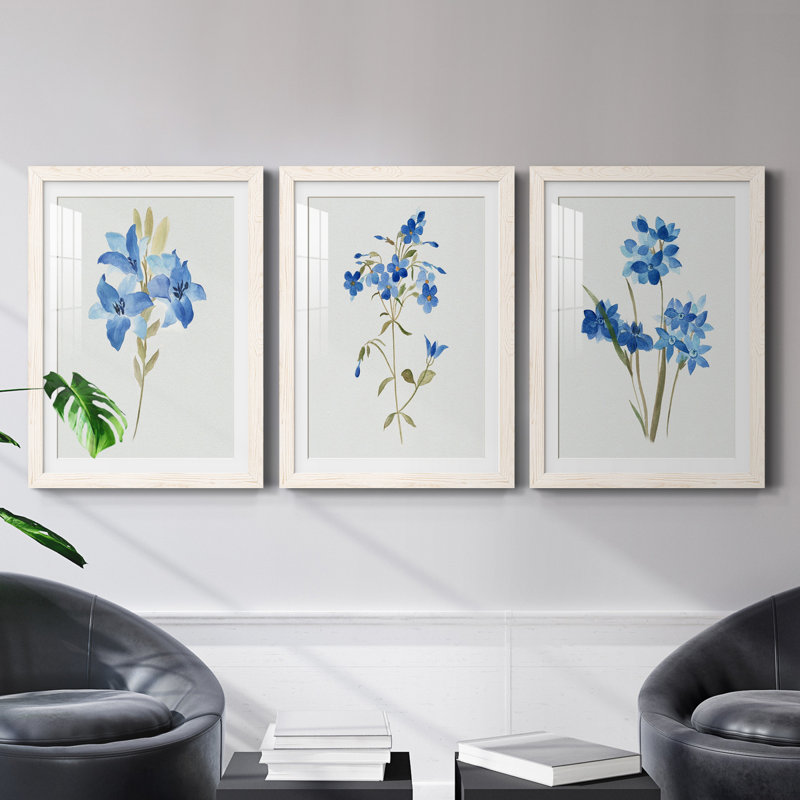 «Blue Blossom Botanical I», ensemble de 3 cadres photo, H 31,5 po x l 47 po x P 1,5 po, Blanc