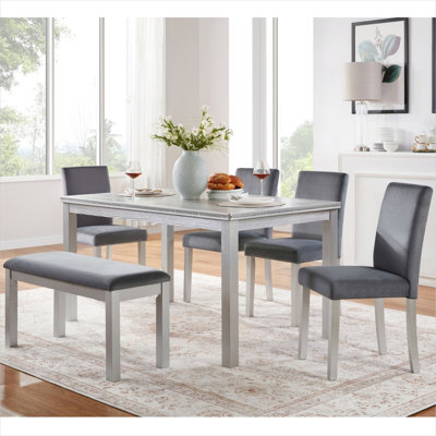 Kitchen Dining Set for 6 – Rectangular Table, 4 Upholstered Chairs and Bench, Slate Gray Wood MDF, Crystal Trim, 58.5 Inches