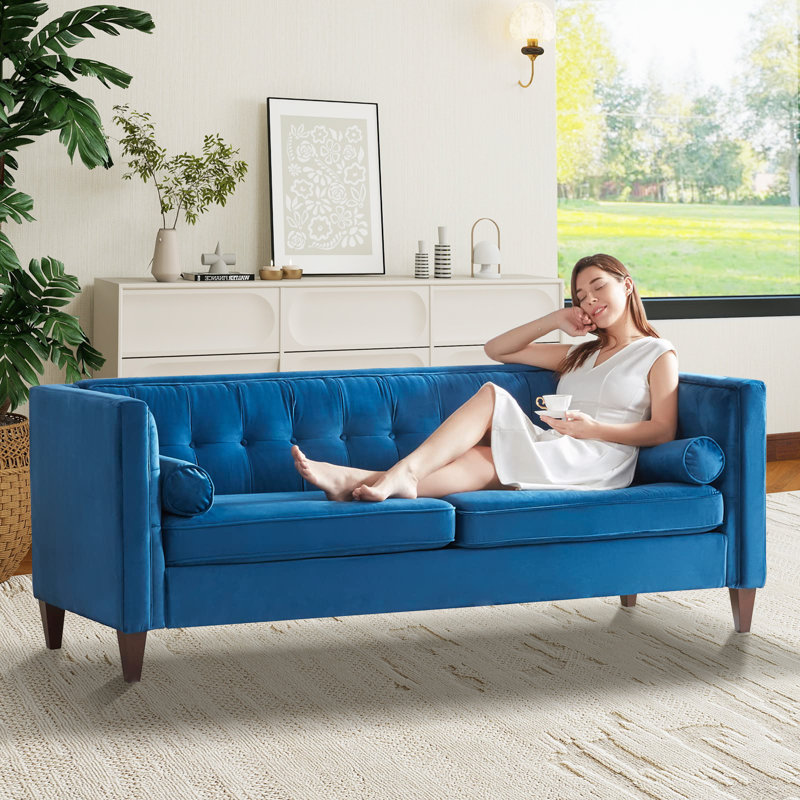 Canapé capitonné Chelsea, Velours bleu, Structure en bois