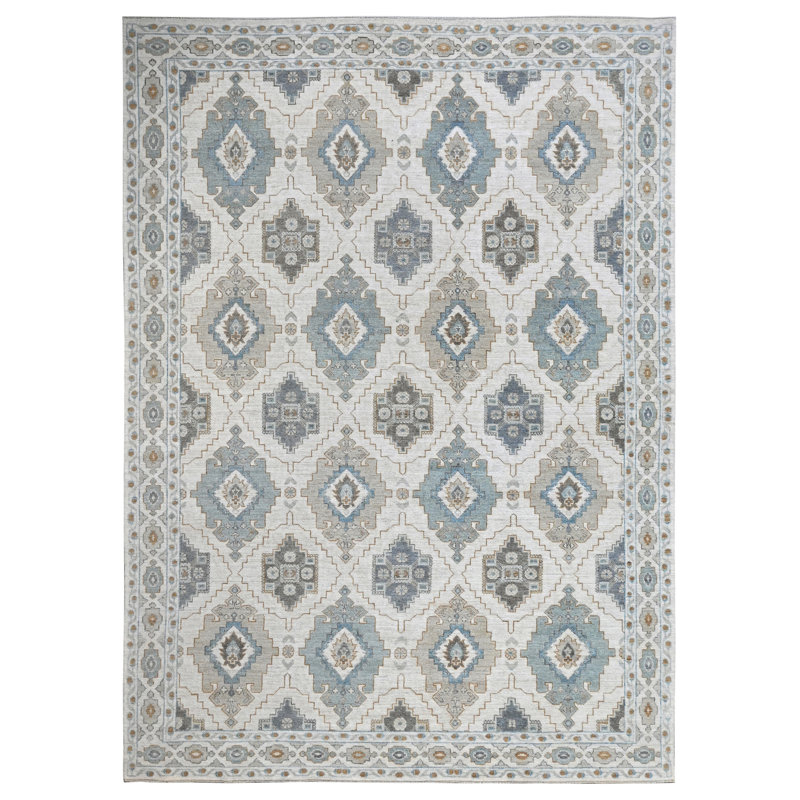 Hand Knotted Wool Southwestern Area Rug in Ivory/Gray/Blue