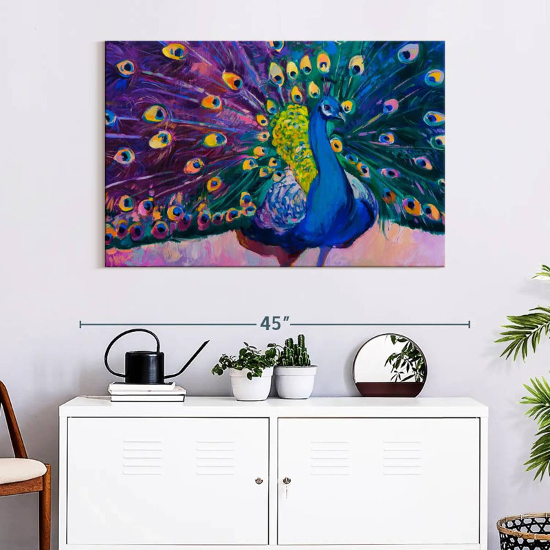 Paon éblouissant sur toile, H 26 po x l 39 po x P 1,25 po