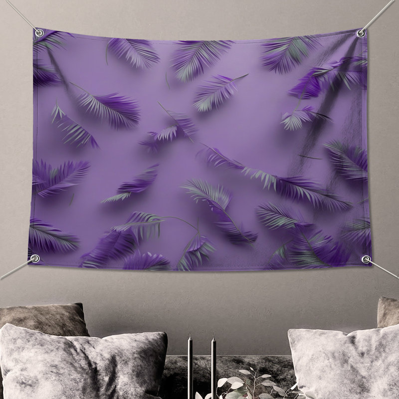 Tapisserie murale feuilles de palmier mauve - décoration murale palmier, H 68 po x l 80 po avec 4 œillets