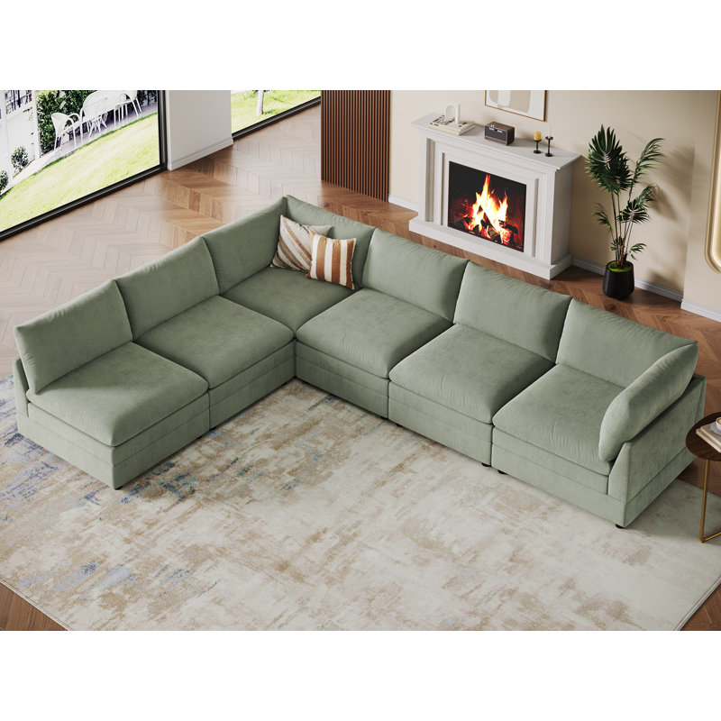 6-Piece Upholstered Modular Sectional Couch, L-Shaped Sofa, Green
