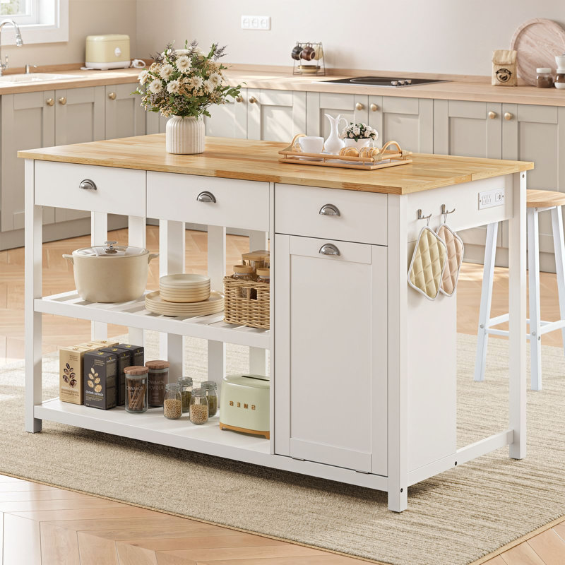 59" Kitchen Island With Solid Storage Shelves & Tabletop, Storage Island With Power Outlet, Trash Cabinet And 3 Large Drawers For Kitchen, Dinning Room