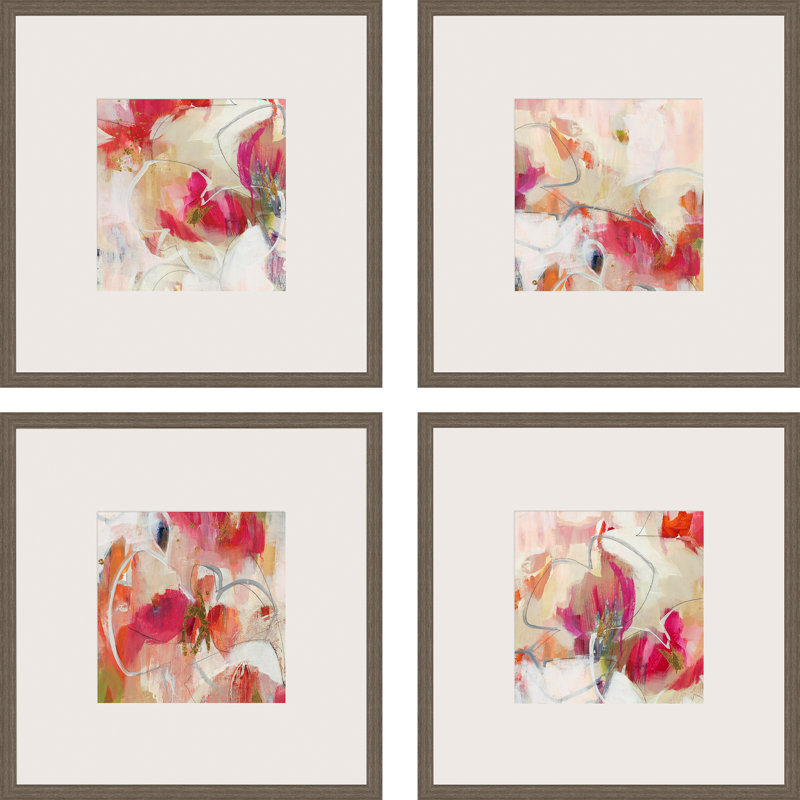 Set of 4 Abstract Floral Prints with Antique Gold Gray Wood Frame