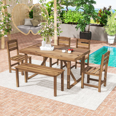 Ensemble repas d'extérieur 6 pièces avec table en bois d'acacia, banc et 4 chaises pour les espaces de jardin ou de piscine
