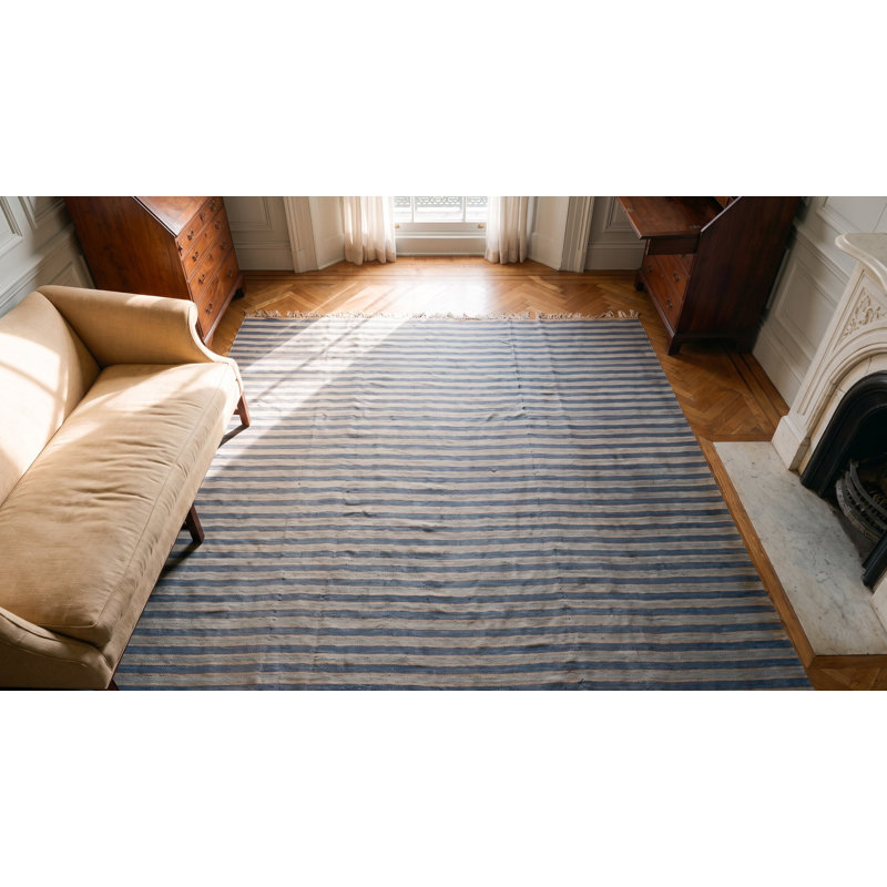 Geometric Stripes Blue and White Color Large Antique Indian Cotton Dhurrie Rug