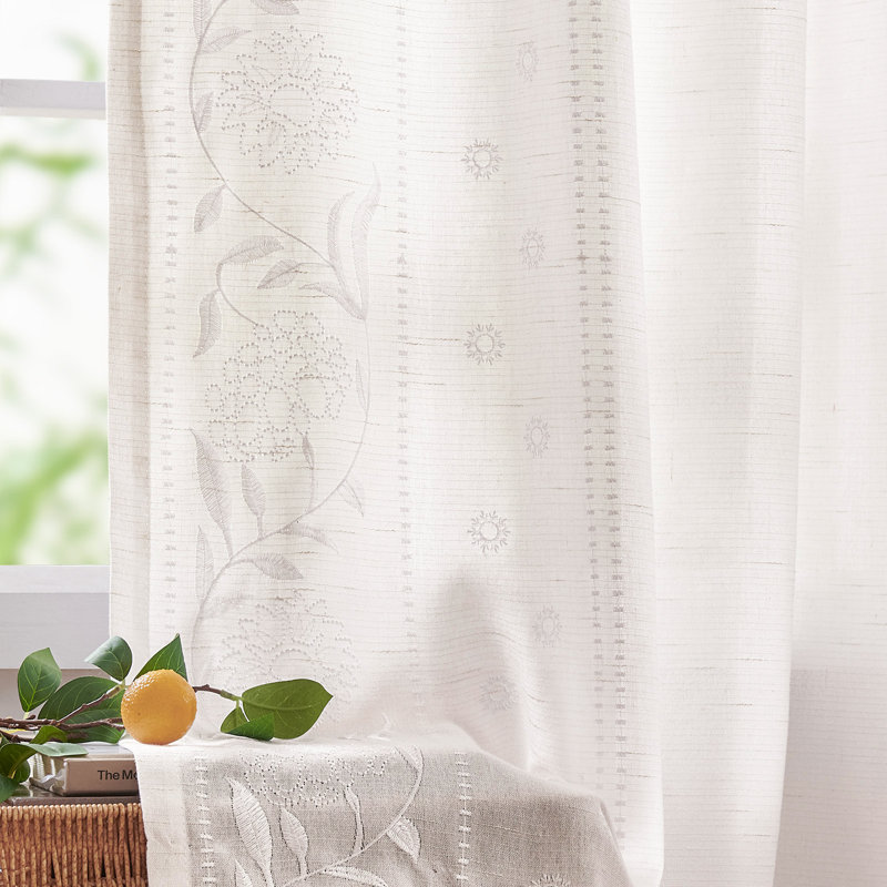 Linen Blended Semi Sheer Embroidered Floral Curtains, 50" W x 84" L, White