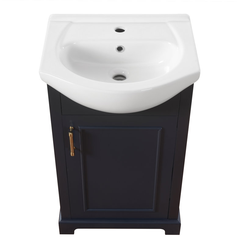 Ensemble de vanité de salle de bain en bois massif bleu et MDF avec lavabo bombé unique et porte de rangement simple