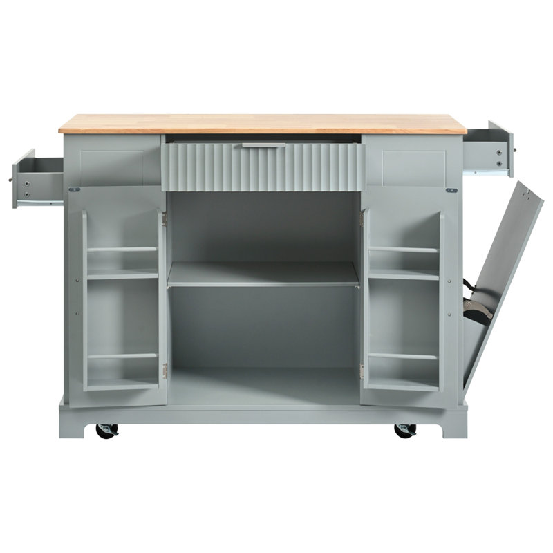 Fluted Kitchen Island with Trash Can Storage Cabinet, Power Outlet, Internal Storage Rack, Rolling Kitchen Islands on 5 Wheels with 3 Drawer, 3 Open Side Racks for 10 Gallon Garbage Bin