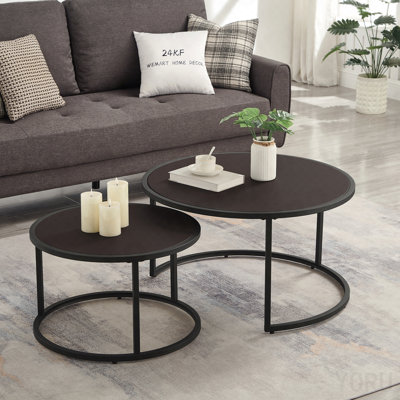 Modern Faux Leather Nesting Round Coffee Table With Black Metal Base, Accent Tea Table For Living Room Set Of 2 - Dark Brown