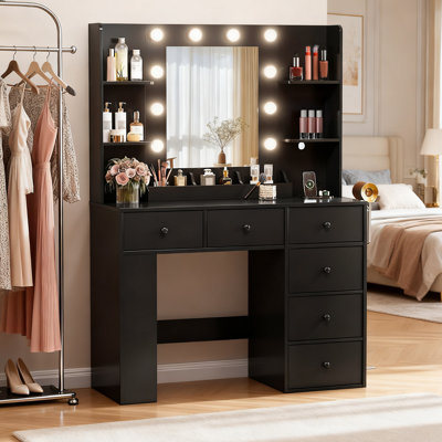 Lighted Vanity Table - 10pcs 3-Color Dimmable Bulbs, 6 Drawers, Power Strip