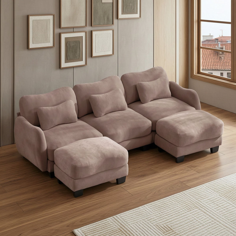 Canapé d'angle en chenille en forme de U avec 2 poufs amovibles et coussins lombaires, Rose poussière