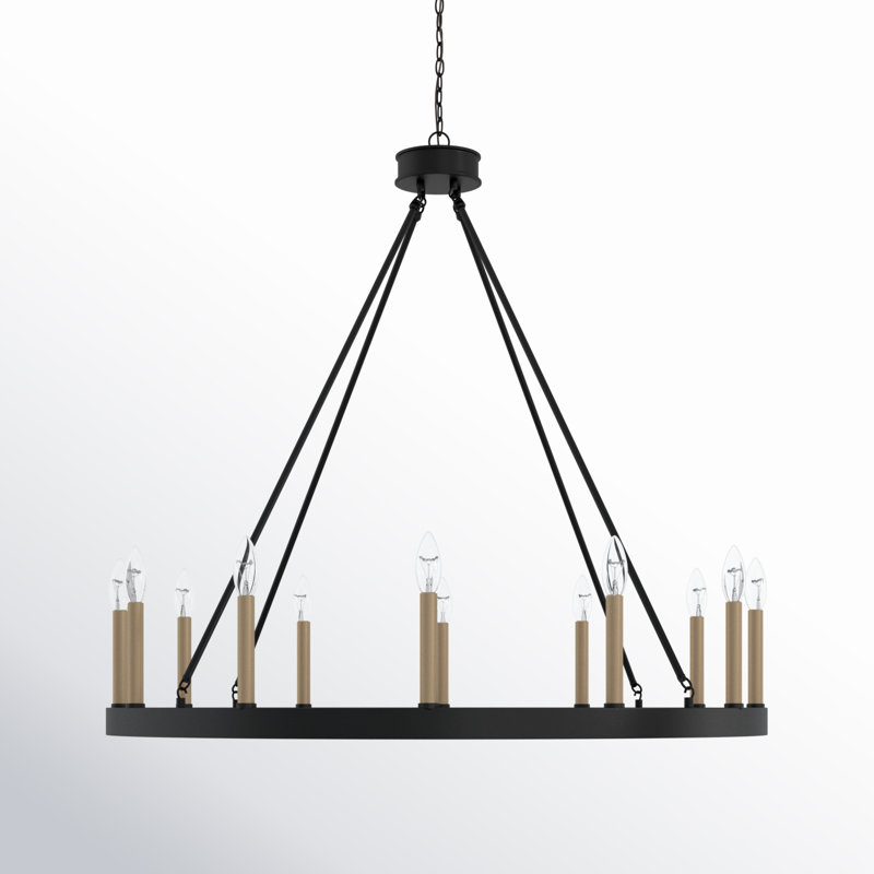 Lustre en roue de chariot à 12 lumières de style bougie Madalyn, Noir classique / poussière de laiton contemporain