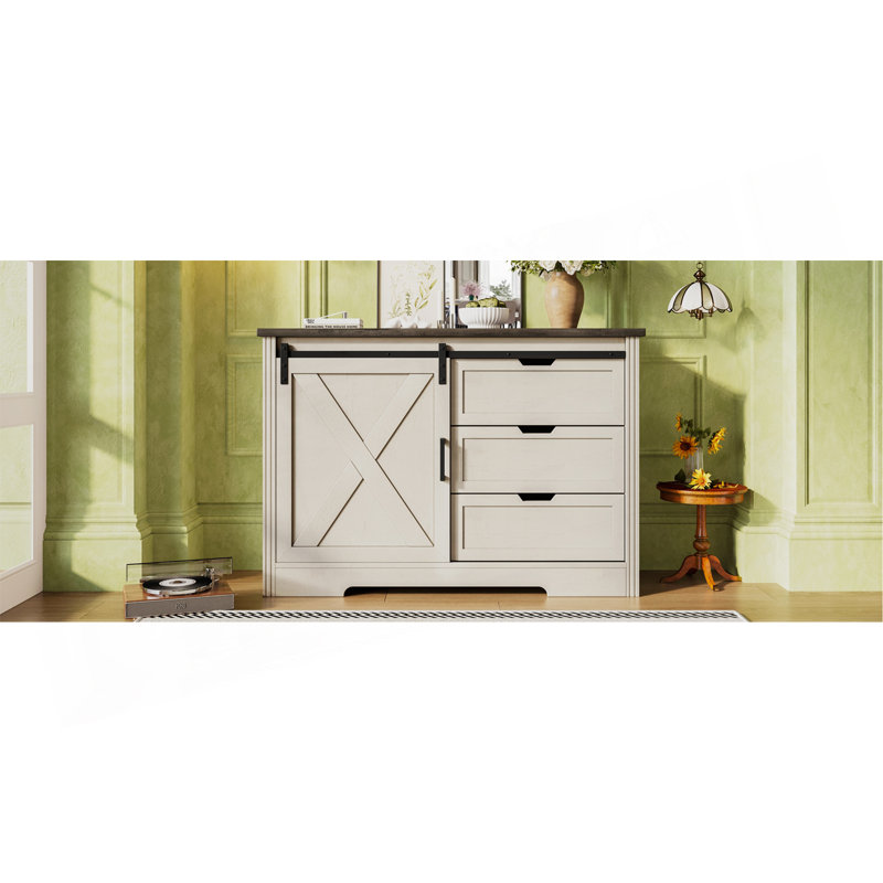Storage Cabinet with Silent Sliding Doors and Three Drawers, Beige/Brown