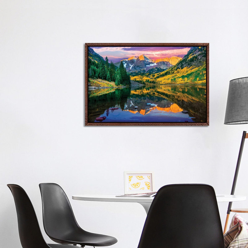 Rise and Shine, Maroon Bells, Aspen Colourado 1 Piece Wall Art on Canvas, 101.6 cm H x 66.04 cm W, Classic Brown Wood Framed