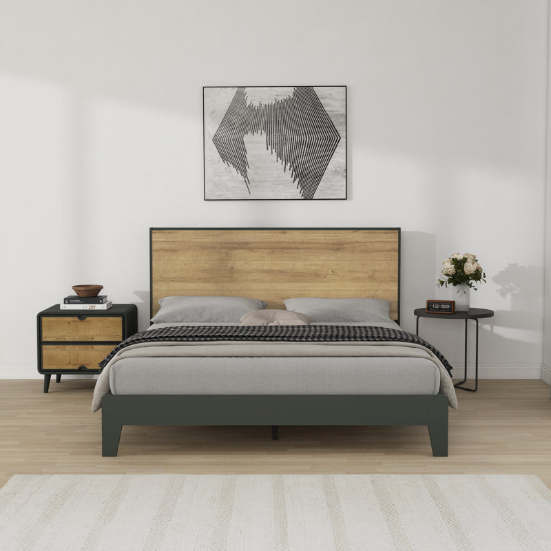 Allyannah Levison Platform Bed With Headboard, Queen, Kale Green/Reviera Eichi
