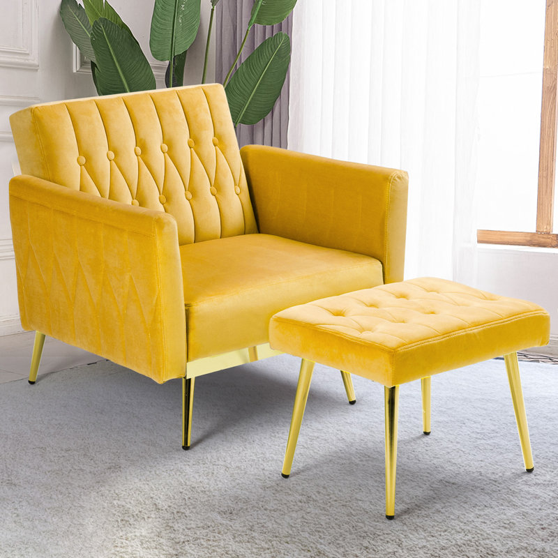 Siemon Velvet Accent Chair with Ottoman, Yellow Velvet