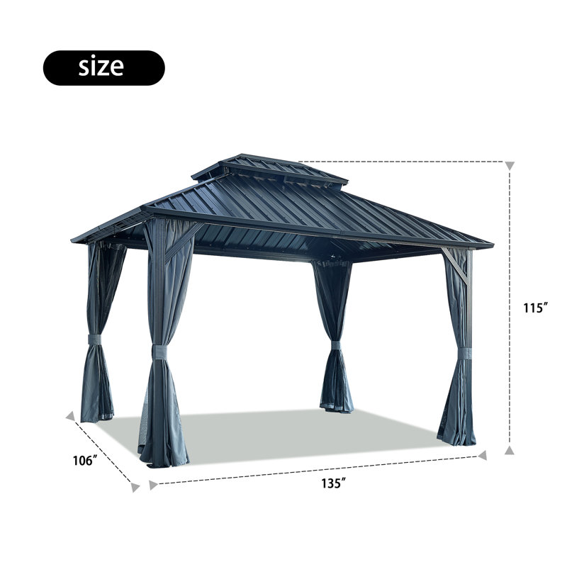 Pavillon de jardin à double toit avec filet et rideaux, Gris